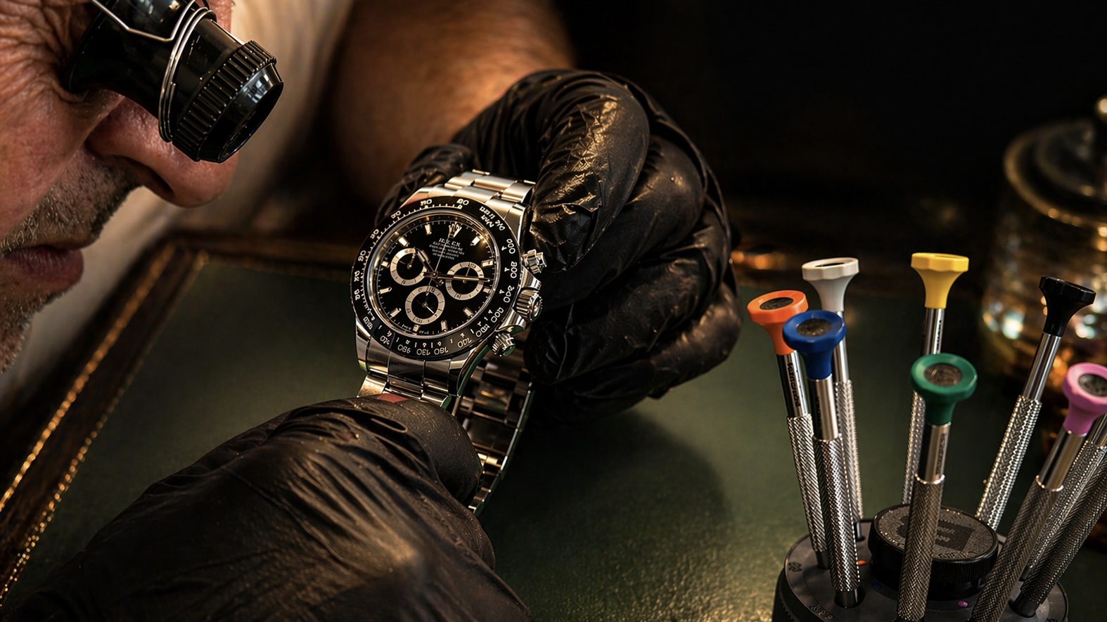 Our watchmaker inspecting a Rolex Daytona for service in Marina del Rey, California